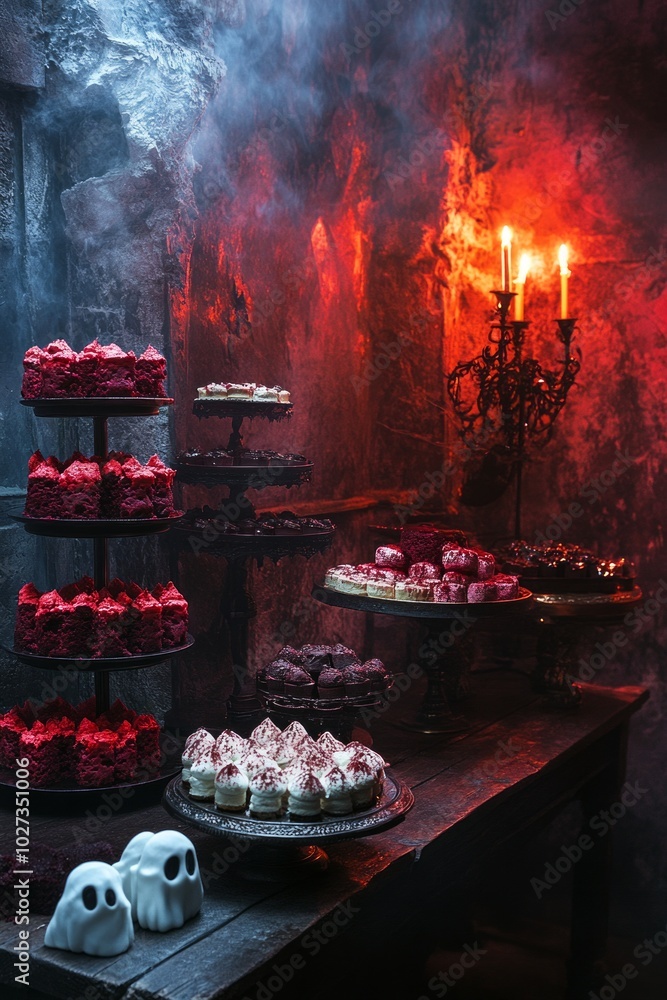 Canvas Prints Spooky Halloween dessert table with red velvet cupcakes, chocolate treats, and candles.