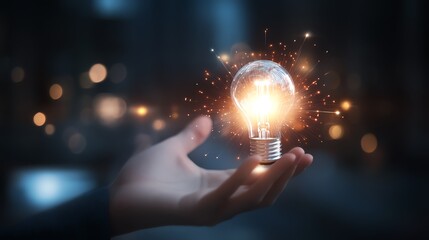 A close-up of a hand holding a glowing light bulb with sparks, symbolizing creativity and innovation in a dark ambient setting.