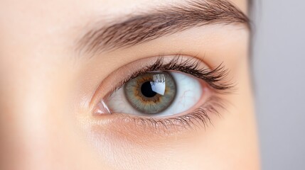 Obraz premium Close-up of a human eye showcasing detailed iris patterns, eyelashes, and natural skin texture, highlighting beauty and visual intricacy.