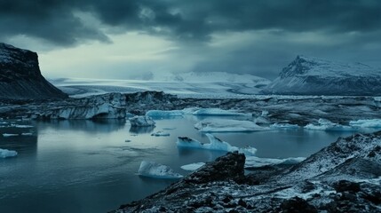 Serene and Captivating Glacial Lagoon Against a Dramatic Backdrop