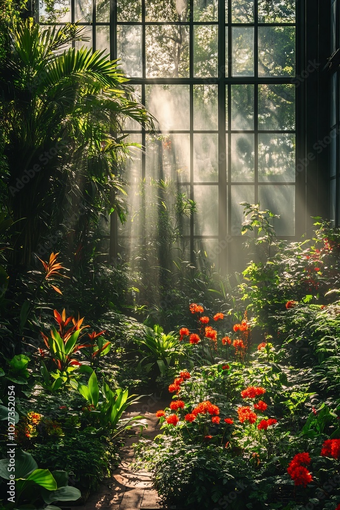 Wall mural Sunbeams illuminate a lush greenhouse with red flowers and green foliage.