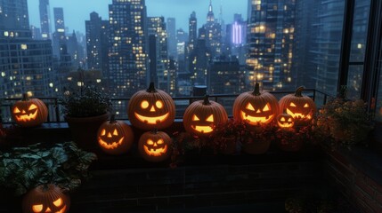 Fototapeta premium A collection of glowing jack-o'-lanterns on a city balcony, with the urban landscape softly blurred behind them.