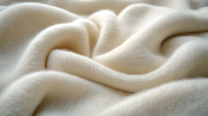 Close-up of a cream-colored wool blanket texture with soft folds and fluffy surface, emphasizing cozy warmth, natural fibers, and a tactile comfort in its minimalist composition.