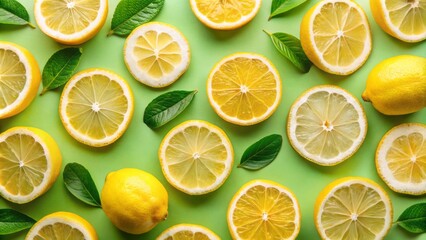 Fototapeta premium Vibrant close-up photography featuring fresh lemon slices against a light green background, showcasing the lively and zesty essence of citrus fruits in stunning detail.