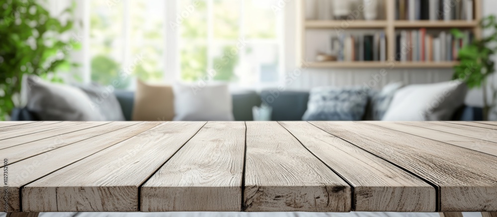 Wall mural sunlight floods a cozy living room, illuminating a wooden table in the foreground with a comfortable