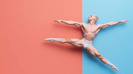 A male dancer performs an impressive leap against a colorful split background in a studio