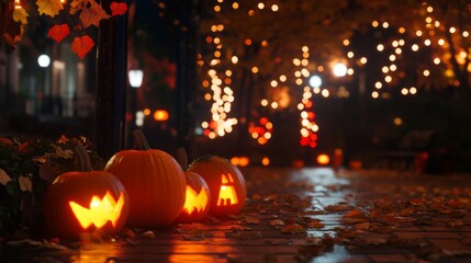 Fototapeta premium A nighttime shot of glowing pumpkins illuminating a city sidewalk, with fall decorations softly blurring into the background.