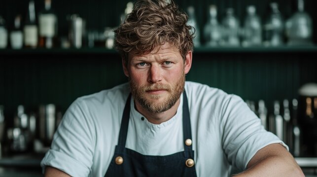 Portrait of a bearded chef in a kitchen with an elegant bar setup, focused on his craft - Powered by Adobe
