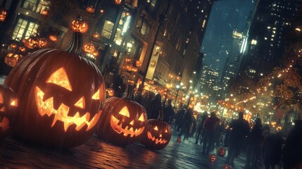 Fototapeta premium A view of glowing jack-o'-lanterns on a busy city street, with people celebrating Halloween in the background.