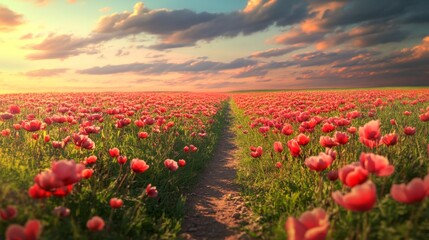 A Dirt Path Through a Field of Poppies at Sunset