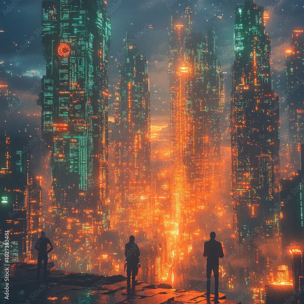 Canvas Prints Three figures stand silhouetted against the backdrop of a futuristic cityscape, bathed in a warm orange glow, with towering buildings that seem to pierce the sky.