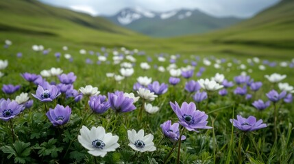 Obraz premium Purple and White Flowers Blooming in a Mountain Meadow