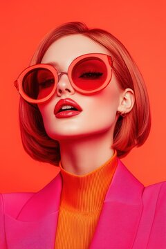 Stylish model posing in vibrant red sunglasses against a bold orange background