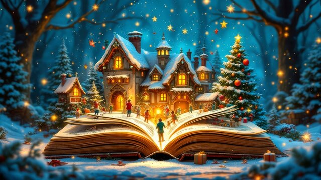 A magical winter scene with a large open book transforming into a festive village under a starry sky.