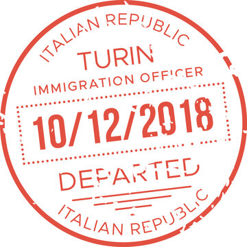 A red immigration stamp imprint marks the departure date of October 12 2018 from Italy issued in Turin by an immigration officer.