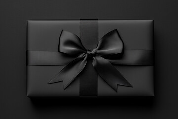 Sophisticated Black Gift Box with Satin Ribbon on Dark Background - Ideal for Luxury and Holiday Promotions