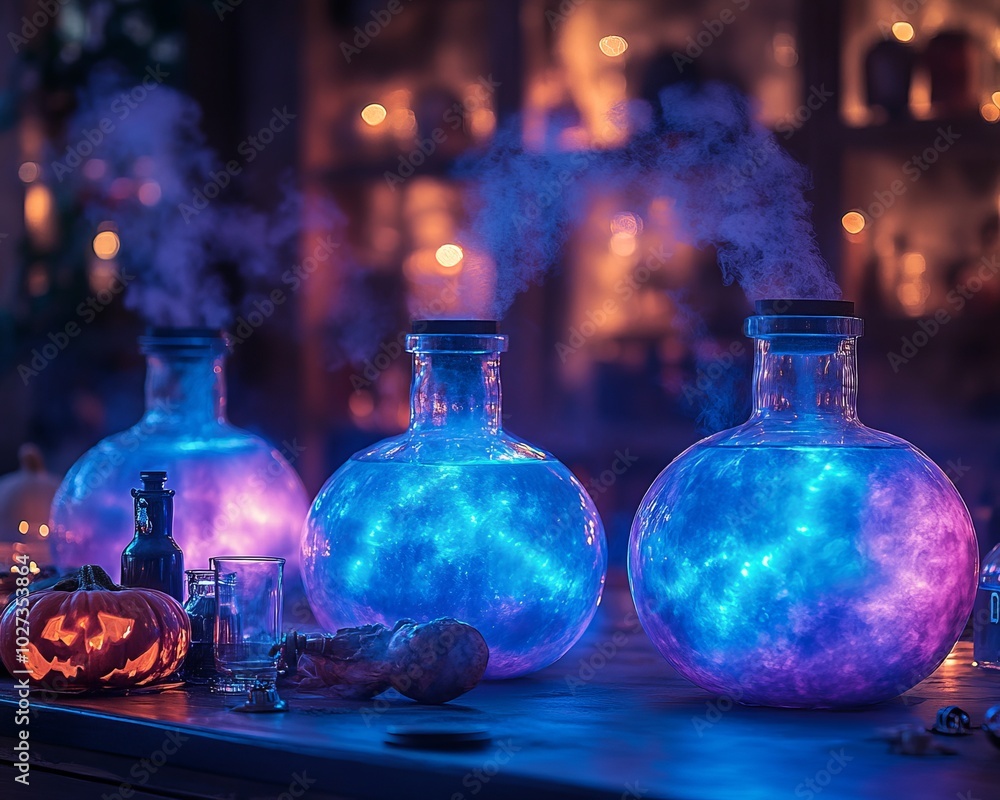 Poster Three glass bottles filled with glowing blue and purple liquid, emitting steam and set on a wooden table with a carved pumpkin and other Halloween decorations in the background.