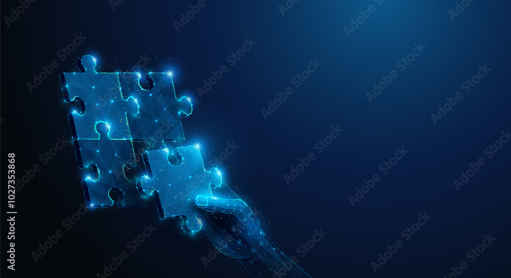 Poster abstract illustration of hand solving puzzle in low poly style. blue geometric background depicting 