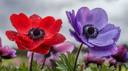 Red and Purple Anemone Flowers Covered in Dew Drops