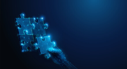Abstract illustration of hand solving puzzle in low poly style. Blue geometric background depicting synergy partnership and business teamwork concept by wireframe connection structure