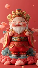 Chinese traditional myth, cartoon image of the God of Wealth, meaning fortune, wealth and good luck.