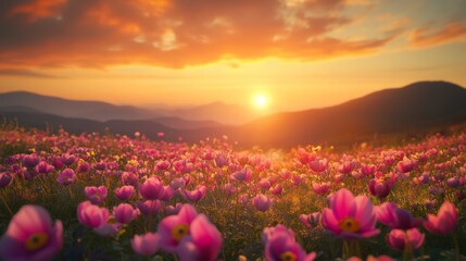 Fototapeta premium Field of Pink Flowers at Sunset with Mountain Range in Background