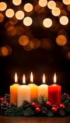 Christmas decoration with candles and blur bokeh light in the background	
