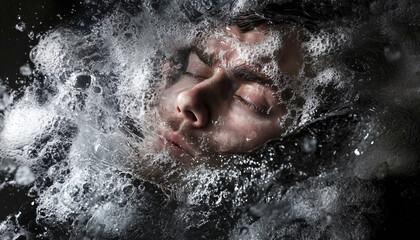 Photograph individuals partially submerged in thick, clear liquids like syrup or gel, giving the illusion that they are floating or frozen in time, creating an eerie, otherworldly effect