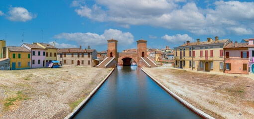View over the Trepponti Bridge, iconic landmark in Comacchio, Italy