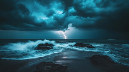 Dramatic Stormy Seascape with Lightning Over Crashing Waves