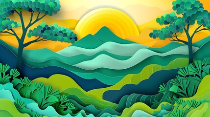 A vibrant, layered landscape featuring mountains, trees, and a sun, showcasing nature's beauty in a stylized design.