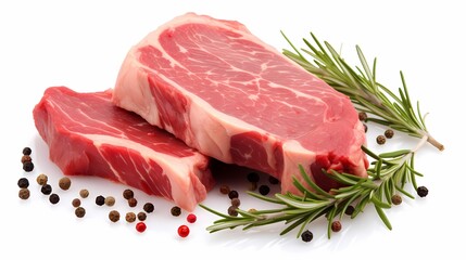 Raw steak with rosemary and peppercorns on a clean background.