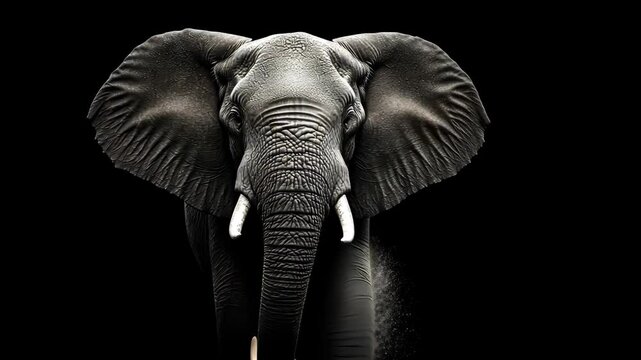 A large elephant stands in front of a black background, its massive ears framing its face