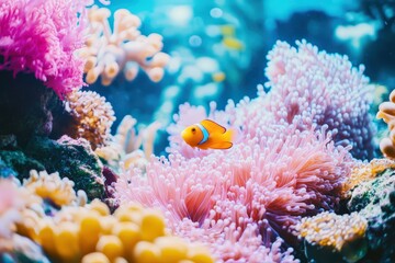 Fototapeta premium Vibrant Coral Reef with Clownfish in Clear Waters