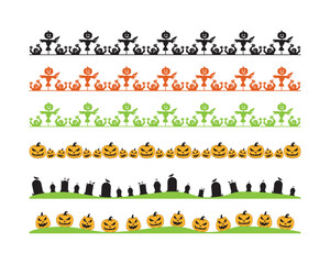 Fototapeta premium Decorative borders with various Halloween motifs including jack-o'-lanterns, scarecrows, and cemetery elements in different color schemes