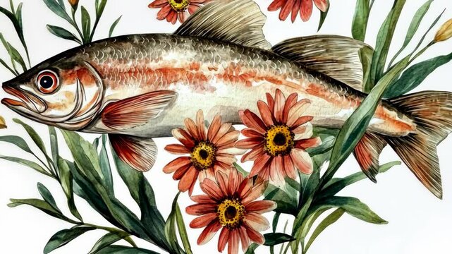 A watercolor painting of a fish surrounded by pink flowers and green leaves