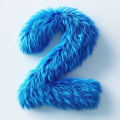 3D number 2 with blue fur texture realistic modern design, soft lighting, white background. 