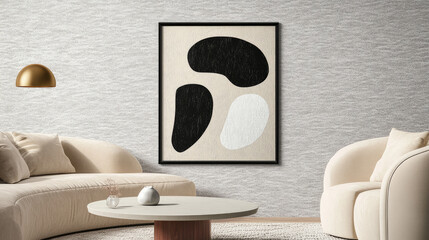 Framed Abstract Wall Art Mockup with Black and White Shapes on Beige Canvas in Modern Living Room with Gray Textured Wallpaper