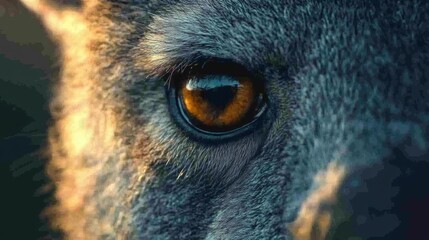 Naklejka premium Close-up of a Wolf's Golden Eye with Detailed Fur