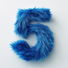 3D number 5 with blue fur texture realistic modern design, soft lighting, white background