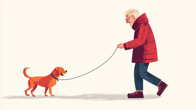 active old senior letting the dog out, vector style that is colorful, simple, and minimalistic, in a cartoon style. Active retired senior walking with dog, outdoor activity. Elderly people in good hea