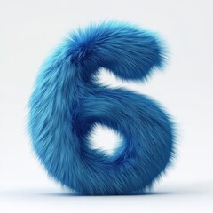 3D number 6 with blue fur texture realistic modern design, soft lighting, white background. 