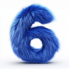 3D number 6 with blue fur texture realistic modern design, soft lighting, white background. 