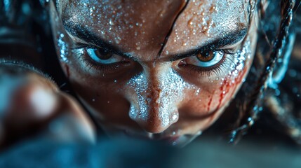 Intense close-up of a determined adventurer navigating a perilous challenge outdoors