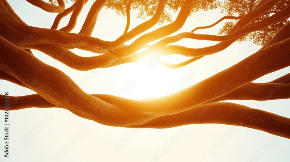 Poster sunlight filters through the intertwined branches of a majestic tree, creating a warm glow, ai