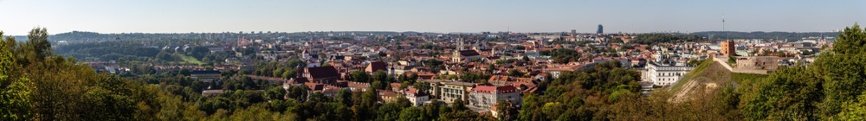 Panorama view on a sunny day over Vilnius with old churches, river and TV Tower, Lithuania