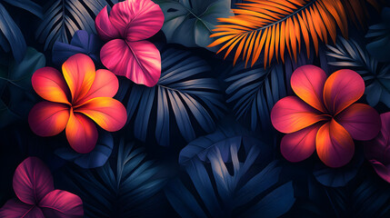 The brightly colored flowers and leaves contrast sharply.