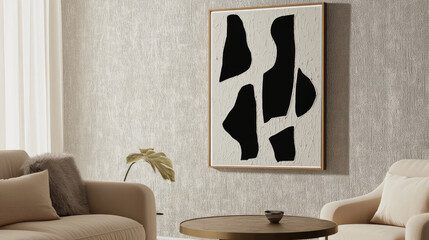 Framed Abstract Wall Art Mockup with Black and White Shapes on Beige Canvas in Modern Living Room with Gray Textured Wallpaper