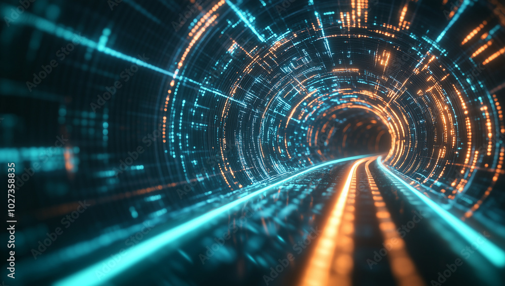 Poster a digital tunnel with glowing lights and flowing data, a futuristic background for technology or int