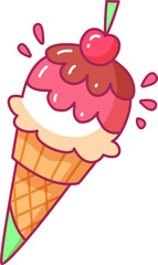 A vibrant ice cream cone features scoops of pink and white ice cream topped with a cherry and surrounded by chocolate drizzle evoking a fun sweet treat.